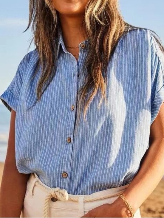 Faherty Tops - Faherty Blue Pinstripe Short-Sleeve Button Down Shirt